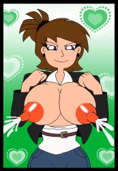 big_areola big_nipples blue_eyes breasts_out brown_hair clothing eliza_fletcher ferozyraptor lactation lactation large_breasts milk_squirt naughty_face naughty_smile phineas_and_ferb