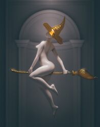 1girls 3d artistic artistic_nude ass barefoot boobs_and_butt_pose breasts broom broom_riding eyes_obscured female female_only gold_(metal) hat hi_res human naked_hat nude nude_female oliver_marinkoski sideboob statue white_skin witch witch_hat