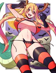 1girls alternate_costume big_breasts bikini blush breasts detailed_background dragon_girl dragon_tail female halloween halloween_costume happy horns miss_kobayashi's_dragon_maid monster_girl redrabbu smile solo swimsuit tagme thighhighs tohru_(dragon_maid)