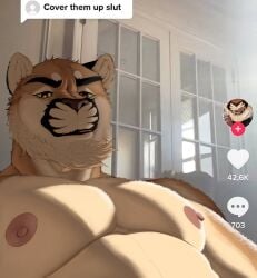 2022 anthro beard biped brown_body brown_eyes brown_fur cougar cover_them_up_slut digital_media_(artwork) english_text facial_hair felid feline fur green_sclera hi_res male mammal nipples pecs repzzmonster repzzmonster_(character) selfie solo tan_body tan_fur text