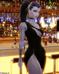 1girls 3d black_dress breasts choker dress earrings female female_only fit fit_female nemesis_3d overwatch purple_skin tattoo thick_thighs thighs widowmaker