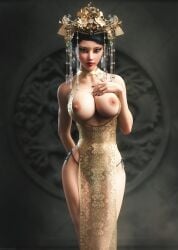 1girls 3d 3d_(artwork) artist_name asian athletic_female big_breasts braless breasts breasts_apart cheongsam chinese chinese_clothes concubine detailed_background exposed_breasts female female_only gold_dress human nipples original original_character painted_nails qipao side-tie_panties solo therealzoh thong zoh