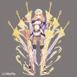 armor aura belt black_hairband black_legwear blonde_hair blue_eyes capelet closed_mouth covered_nipples eden's_ritter_grenze eden_grenze eyebrows_visible_through_hair female frills glowing glowing_sword glowing_weapon grey_background hair_between_eyes hairband hand_on_hilt heart heart_belt holding holding_sword holding_weapon kageshio_(276006) light_particles long_hair looking_at_viewer maid_headdress multiple_swords navel official_art outer_glow pantyhose pauldrons purple_capelet shoulder_armor simple_background single_pauldron solo sword thighhighs weapon