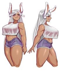 1girls big_breasts breasts bunny_ears female female_focus female_only jiuukek long_hair minishorts miruko my_hero_academia red_eyes rumi_usagiyama shiny_skin shorts solo standing thick_thighs white_background white_hair