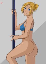 1girls annie_leonhardt attack_on_titan blonde_hair bottomless bra expressionless female female_focus female_only looking_at_viewer pole shingeki_no_kyojin sole_female stripper_pole tied_hair