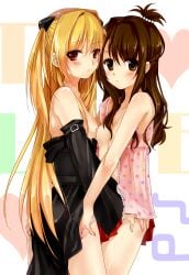 2girls abstract_background ass ass_grab asymmetrical_docking bare_shoulders blonde_hair blush blushing breast_press breasts breasts_to_breasts brown_eyes brown_hair female/female female_only hand_on_ass heart highres konjiki_no_yami kusukoni_melco light-skinned_female light_skin long_hair looking_at_viewer medium_breasts multiple_girls nipples nipples_to_nipples no_bra open_clothes panties partially_nude pink_panties polka_dot red_eyes skirt small_breasts to_love-ru topknot underwear undressing undressing_another very_long_hair white_panties yuri yuuki_mikan