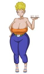 barely_contained belt belt_buckle blonde_hair blue_jeans breasts cleavage cleavage_overflow clothed clothed_female dragon_ball drinks eyes_closed full-length_portrait full_body gilf grandmother granny hand_on_hip huge_breasts jeans knees_together_feet_apart large_breasts milf orange_tubetop panarandom panchy panchy_(dragon_ball) panchy_briefs pants portrait sandals serving_tray short_hair slanted_eyes smile standing thick_thighs waitress white_background wide_hips yellow_hair