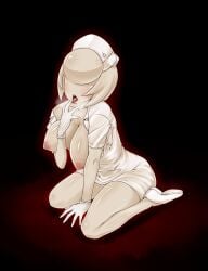 big_breasts black_background breasts_out breath bubble_head_nurse eyeless female female_only full_body gloves himamushi_nyuudou humanoid monster_girl no_bra nurse nurse_(silent_hill) nurse_cap nurse_uniform open_mouth pale-skinned_female pale_skin short_dress short_sleeves silent_hill silent_hill_2 sitting solo tongue_out wariza white_gloves