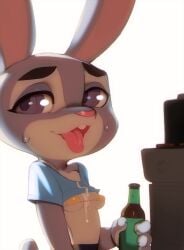 2019 anthro beverage bikini bodily_fluids breasts clothed clothing cum cum_on_chest disney doxy erection female fingers food fur genital_fluids glistening glistening_body glistening_clothing grey_body grey_fur hi_res higher_resolution_available judy_hopps lagomorph leporid mammal medium_breasts nipple_outline open_mouth purple_eyes rabbit simple_background solo sweat swimsuit swimwear tongue tongue_out under_boob white_background zootopia