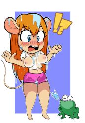 ? absurd_res amphibian anthro big_breasts blush breasts chip_'n_dale_rescue_rangers clothing disney embarrassed exclamation_point female feral frog gadget_hackwrench hair hi_res mammal mouse murid murine nipples onibi rodent shirt simple_background solo surprise topwear wet wet_clothing wet_hair wet_shirt wet_topwear