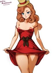 1girls bottomless bottomless_skirt breasts breasts_out dress dress_lift female katrielle_layton layton's_mystery_journey minacream no_panties tagme