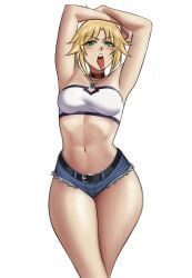 1girls armpits blush breasts choker eye_contact fate/grand_order fate_(series) female_focus female_only fully_clothed green_eyes jiuukek looking_at_viewer mordred_(fate) pose shorts solo standing thick_thighs thighs tied_hair tongue_out white_background wide_hips