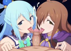 1boy 2girls aqua_(konosuba) big_breasts blue_eyes blue_hair breasts brown_eyes brown_hair censored censored_penis clothed_female_nude_male collaborative_fellatio cum cumshot ejaculation eye_contact fellatio female hair_over_one_eye hetero kono_subarashii_sekai_ni_shukufuku_wo! licking licking_penis long_hair looking_at_viewer male mosaic_censoring multiple_girls nipple_play oral penis pov small_penis smiling tedain tongue_in_foreskin tongue_out wiz_(konosuba)