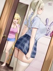 2girls ass ass_bigger_than_skirt barefoot big_eyes blonde_hair covering_mouth doorway embarrassed eyebrows_visible_through_hair female female_only gluteal_fold huge_ass huge_breasts long_twintails milf mole_on_ass mother_and_daughter multiple_girls oekakizuki original purple_eyes school_uniform skindentation skirt sweatdrop thick_thighs thighhighs twintails underbutt undersized_clothes white_legwear wooden_floor