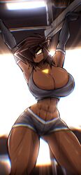 abs albry_(zzzhodazzz) armpits big_breasts bra breasts brown_hair cleavage cleavage_overflow female female_focus female_only hourglass_figure lifting muscular muscular_female muscular_thighs shorts tagme thick_thighs thighs yellow_eyes zzzhodazzz