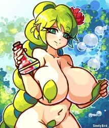 1girls big_breasts breasts dryad_(terraria) flower_in_hair green_eyes green_hair holding_object huge_breasts large_breasts looking_at_viewer looking_pleasured potion smile solo steely_bird terraria tied_hair wide_hips