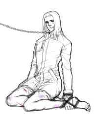 anderain blood bottomless bound_ankles bound_wrists bruise bruised bruises chain_leash chains cuts leash looking_at_viewer male male_only malesub restrained scratches silent_hill silent_hill_4 sitting sketch solo walter_sullivan wrists_to_ankles