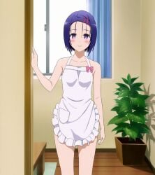 10s 1girls apron apron_only bangs blue_hair blush blushing female female_only hair_ornament hairclip highres ig_port indoors light-skinned_female light_skin looking_at_viewer matching_hair/eyes naked_apron purple_eyes sairenji_haruna screencap short_hair smile smiling smiling_at_viewer solo standing thighs to_love-ru to_love-ru_darkness xebec