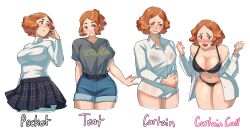 barley_juice big_breasts bottomless bra breasts clothing curtain_call_challenge cute female fully_clothed haru_okumura human large_breasts multiple_views open_clothes open_shirt pale_skin persona persona_5 red_hair short_hair shorts skirt solo tented_shirt white_background