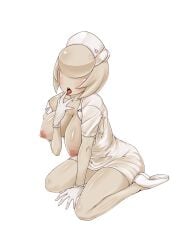 big_breasts blush breasts_out breath bubble_head_nurse eyeless female female_only full_body gloves himamushi_nyuudou humanoid monster_girl no_bra nurse nurse_(silent_hill) nurse_cap nurse_uniform open_mouth pale-skinned_female pale_skin short_dress short_sleeves silent_hill silent_hill_2 sitting solo tongue_out wariza white_background white_gloves