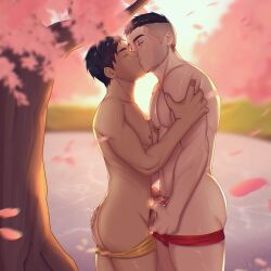 2boys abs ass bara black_hair closed_eyes commission david_king day dead_by_daylight erection falling_petals frottage gay handjob highres ibarakidoujin jake_park kissing large_pectorals male_focus male_only male_underwear male_underwear_pull multiple_boys muscular muscular_male navel neck_tattoo nipples nude outdoors pectorals penis petals red_male_underwear scar scar_across_eye scar_on_face short_hair sunset tattoo thick_thighs thighs tree undercut underwear yaoi yellow_male_underwear