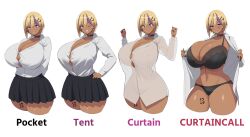 13 blonde_hair bra breasts bursting_breasts choker cleavage curtain_call_challenge curvy dark-skinned_female dark_skin earrings gyaru huge_breasts kloah kogal lingerie mole mole_on_breast nail_polish navel nipple_bulge open_clothes original panties purple_eyes shinokami_xatiii_(kloah) shirt short_hair skirt tattoo thick_thighs white_background wide_hips wink