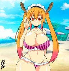 1girls big_breasts bikini female horns kayzer miss_kobayashi's_dragon_maid monster_girl narrow_shoulders outside swimsuit tagme thick_thighs thin_arms tohru_(dragon_maid) wide_hips