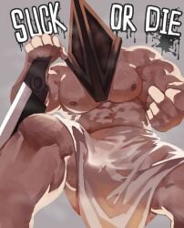 apron bara beckoning big_pecs breath english_text guojun2333 helmet looking_at_viewer looking_down low-angle_view male male_only muscular muscular_male painting_(artwork) pyramid_head silent_hill silent_hill_(film) silent_hill_homecoming solo steam sweat text topless topless_male weapon