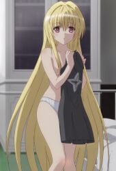 1girls blonde_hair covering detailed_background female_only golden_darkness holding_clothes konjiki_no_yami light-skinned_female light_skin long_hair looking_at_viewer panties panties_only partially_clothed red_eyes screencap surprised to_love-ru underwear underwear_only very_long_hair white_panties