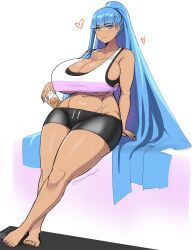 1girls alyss_(space_left) blue_eyes blue_hair blunt_bangs boba_tea booty_shorts crop_top dark-skinned_female dark_skin gaikiken huge_breasts large_ass large_breasts long_hair ponytail self_upload short_shorts solo solo_female space_left sports_bra sportswear tagme very_long_hair wide_hips