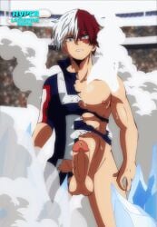 1boy abs animated balls breathing cock dick edit erection gay genitals gif hyperlactation_(artist) looking_at_viewer male male_focus male_only multicolored_hair muscular muscular_male my_hero_academia nipples nude nude_male open_eyes open_mouth penis penis_out public_nudity pulsating red_hair shouto_todoroki smoke testicles torn_clothes twink white_hair yaoi