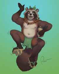 2022 anthro asian_clothing balls barely_visible_balls barely_visible_genitalia biped brown_body canid canine clothing east_asian_clothing fundoshi genitals green_clothing green_fundoshi green_underwear hi_res japanese_clothing leaf male mammal navel nipples raccoon_dog rov slightly_chubby solo tanuki underwear