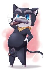 absurd_res aged_up anthro atlus balls bandana belly big_belly black_body black_fur blue_eyes cigar domestic_cat erection facial_hair felid feline felis fur genitals hi_res kerchief male male_only mammal mature_male megami_tensei megami_tensei_persona morgana_(persona) moustache penis pubes slightly_chubby smoking solo solo_male st637 video_games