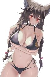 1girls absurdres animal_ears ariso_kaoru arm_under_breasts bangs bikini black_hair black_swimsuit blush braid breasts curvy female female_only granblue_fantasy highres large_breasts light-skinned_female light_skin long_hair looking_at_viewer midriff navel nier_(granblue_fantasy) red_eyes side-tie_bikini solo swimsuit thick_thighs thighs white_background