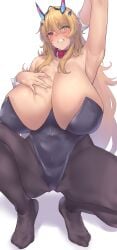 1girls absurdres arm_behind_head arm_up armpits bangs bare_shoulders barghest_(gawain)_(fate) black_leotard blonde_hair breasts cleavage clenched_teeth collar fate/grand_order fate_(series) female grey_legwear heterochromia highleg highleg_leotard highres horns huge_breasts leotard long_hair looking_at_viewer pantyhose sawayuzu solo sourblack_art squatting teeth thighs wrist_cuffs