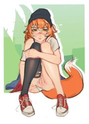 anus arm_on_leg bandaid_on_nose beanie cute fox_girl fox_tail freckles legs_together looking_at_viewer mon_eree orange_hair panties panties_aside panty_pull pubic_hair pulling_panties pussy red_shoes simple_background single_thighhigh sneakers tira_(poppytart) tongue_out white_panties