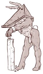 alternate_costume bunny_tail bunnysuit flaccid flesh full_body helmet high_heels humanoid male male_only monochrome monster mozgistired muscular muscular_male penis pyramid_head reverse_bunnysuit silent_hill silent_hill_2 skin_tight solo standing weapon