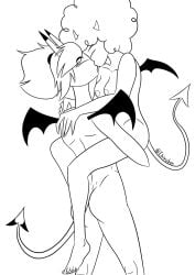 2girls apple_(helluva_boss) ass barefoot breasts coco_(helluva_boss) demon demon_girl demon_horns demon_tail demon_wings digital_media_(artwork) ebiyuben eyes_closed female female/female female_only helluva_boss kissing line_art monochrome nipples nude succubus vivienne_medrano yuri