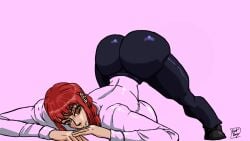 animated ass ass_jiggle ass_up bubble_butt butt_jiggle chainsaw_man clothed clothing female gif jack-o_pose jiggle kiryusaki looking_at_viewer makima_(chainsaw_man) red_hair solo tight_pants yellow_eyes