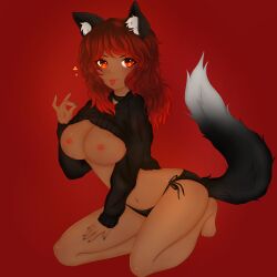 1girls animal_ears black_hoodie black_nails black_panties choker dark-skinned_female female female_only fluffy_tail fox_ears fox_girl fox_sign fox_tail kitsuism kitsune kneeling red_eyes red_hair solo string_panties tongue tongue_out