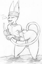 anthro balls beerus bent_over big_ass big_penis cyancoyote dragon_ball dragon_ball_super flaccid furry gay male male_only monochrome nude penis solo solo_male