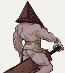 apron back_muscles gloves grey_skin helmet humanoid male male_only monster mozgistired muscular muscular_male no_underwear pyramid_head rear_view silent_hill silent_hill_(film) silent_hill_2 solo topless topless_male weapon