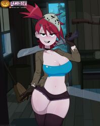 1girls big_breasts blush breasts busty cartoon_network female female_only foster's_home_for_imaginary_friends frankie_foster friday_the_13th gloves jacket jason_voorhees_(cosplay) landidzu looking_at_viewer red_hair shorts solo solo_female staring_at_viewer sword tagme thick_thighs thighhighs thighs voluptuous