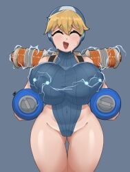 1girls apex_legends areolae bare_shoulder big_breasts blonde_hair blue_background blue_eyes blush bodysuit breasts closed_eyes dipx dipxion electricity eyebrows eyebrows_visible_through_hair eyes female female_only hips huge_breasts humanoid hyper hyper_breasts large_breasts lichtenberg_figure looking_at_viewer nipple_piercing nipples off_shoulder open_mouth pierced_nipples scar short_hair simple_background solo solo_female sweat thick thick_thighs thighs upper_body voluptuous wattson_(apex_legends) wide