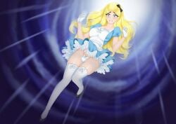 1futa 2022 alice_in_wonderland alice_liddell big_breasts blonde_hair blush blushing bulge cleavage color disney dress falling female flaccid futa_only futanari gloves jesscatg panties ribbon ribbon_in_hair solo solo_futa stockings