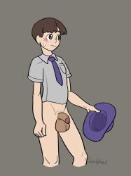 1boy balls big_balls blush bottomless brown_hair brunette flaccid_penis florian_(pokemon) grower_not_a_shower hat innocent male_only nervous pantsless penis penis_reveal pokemon pokemon_sv revealing_penis shy small_penis solo sumghoul testicles uncensored