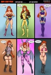 1girls adapted_costume alternate_hairstyle barbara_gordon bat_symbol batgirl batman_(series) blue_eyes clothing comic comic_page cosplay crossover crossover_cosplay darkstalkers dc dc_comics dialogue english_text female female_only glasses justice_league lara_croft_(cosplay) long_hair marvel marvel_comics mavruda medium_breasts morrigan_aensland_(cosplay) red_hair rogue_(x-men)_(cosplay) shorts skirt small_breasts solo speech_bubble starfire_(cosplay) superheroine teen_titans tomb_raider vampirella_(cosplay) vampirella_(series) wonder_woman_(cosplay) wonder_woman_(series) x-men