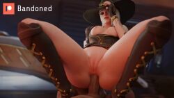 1boy 1girls 3d anal anal_cowgirl anal_penetration animated areolae ashe_(overwatch) assertive_female athletic_female balls bandoned belly_button big_penis blender bouncing_balls bouncing_breasts breasts cowgirl_position erection female giver_pov holding_hat human male nipples no_sound overwatch penis pov pussy spread_legs straight testicles video