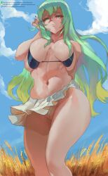 1girls 2022 artist_signature bare_legs belly_button bikini_top black_bikini_top breasts commission corn day female female_only female_pubic_hair fire_emblem fire_emblem:_path_of_radiance fire_emblem:_radiant_dawn from_below green_eyes green_hair green_nails hips huge_breasts long_hair looking_at_viewer looking_down low-angle_view multicolored_hair nail_polish nephenee_(fire_emblem) nintendo no_panties outdoors professor_lecherous pubic_hair pussy revealing_clothes short_skirt skirt sky slim_waist smile sweat thick_thighs thighs uncensored vagina wide_hips