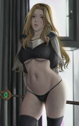 armored_dress blonde_hair blue_eyes blush janggun league_of_legends light-skinned_female long_hair luxanna_crownguard navel riot_games solo tagme